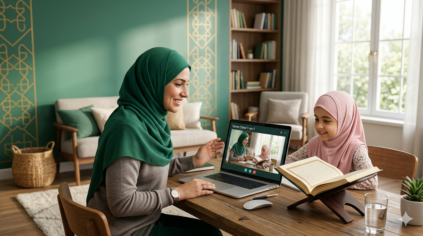 Online Quran class — mother and daughter learning with a certified teacher on a laptop